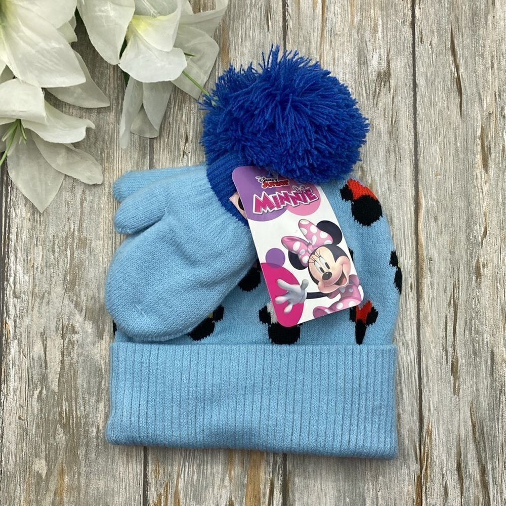 Baby Toddler Girls Minnie Mouse Knit Beanie Hat & Gloves Winter Cozy 2-Piece Set
